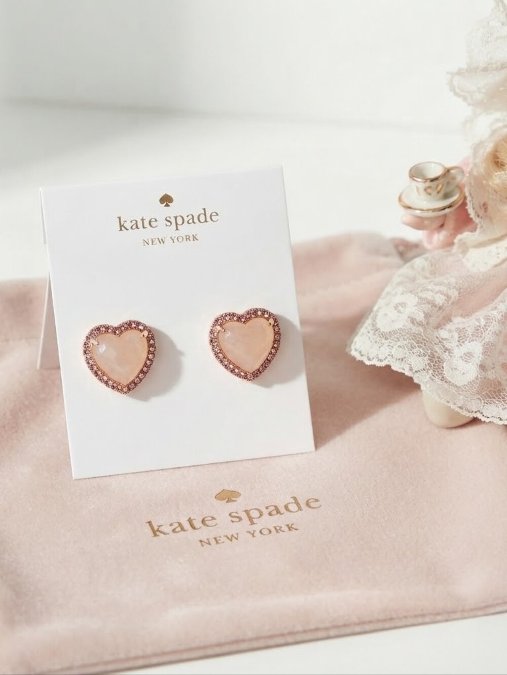 Kate Spade New York Rose Gold Pave Heart Stud Earrings Pink Crystal Halo Jeweler